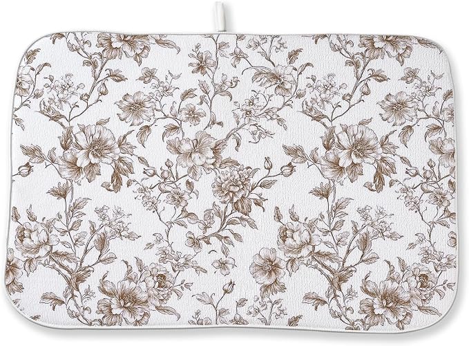Brown Floral Dish Drying Mats 18x24 Inch Brown Chinoiserie Flower Holiday Kitchen Decor Absorbent Drying Pad Rack Drainer Mats for Kitchen Dining Room Counter