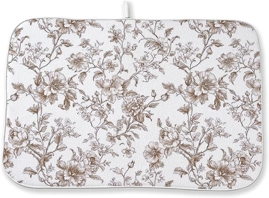 Brown Floral Dish Drying Mats 18x24 Inch Brown Chinoiserie Flower Holiday Kitchen Decor Absorbent Drying Pad Rack Drainer Mats for Kitchen Dining Room Counter