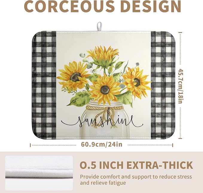 Summer Sunflower Dish Drying Mats for Kitchen Counter Spring Sunshine Kitchen Dishes Dryer Pad Flowers Absorbent Dish Mat Microfiber Washable Foldable Reusable Large 18x24 in