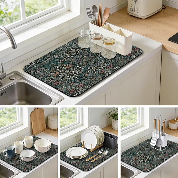 Vintage Floral Dish Drying Mat 18x24 Inch, Dish Mat Drying Kitchen Mats for Extra Large Absorbent Countertop, Aesthetic Boho Drying Matt Kitchen Counter Washable Heat Resistant Dish Drainer Rack Mat