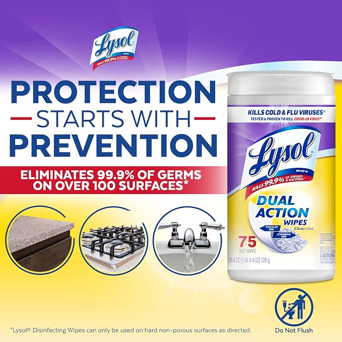 Lysol Dual Action Disinfectant Wipes, Multi-Surface Antibacterial Scrubbing Wipes, For Disinfecting and Cleaning, Citrus Scent, 75ct, Packaging May Vary (Pack of 12)