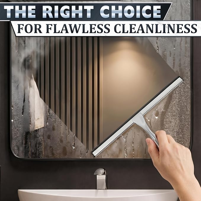 Shower Door Squeegee with Hook, 14" Silicone Blade, Steel (Silver) | Squeegee for Shower Glass with Adhesive Mount; All-Purpose Bathroom Tile, Mirror, & Window Wiper for Streak-Free Cleaning