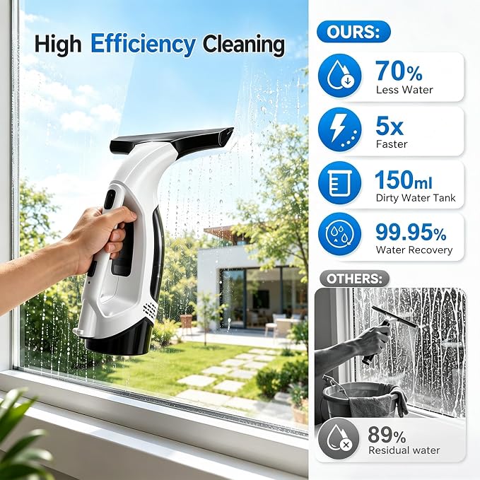 Window Vacuum Squeegee Cordless, 2000Pa Electric Window Cleaner Tool, 150ml Tank, 2200mAh Electric Window Glass Squeegee 280mm Wide Blade, 150ml Tank, Window Cleaning Kit for Glass Mirror Tile Car
