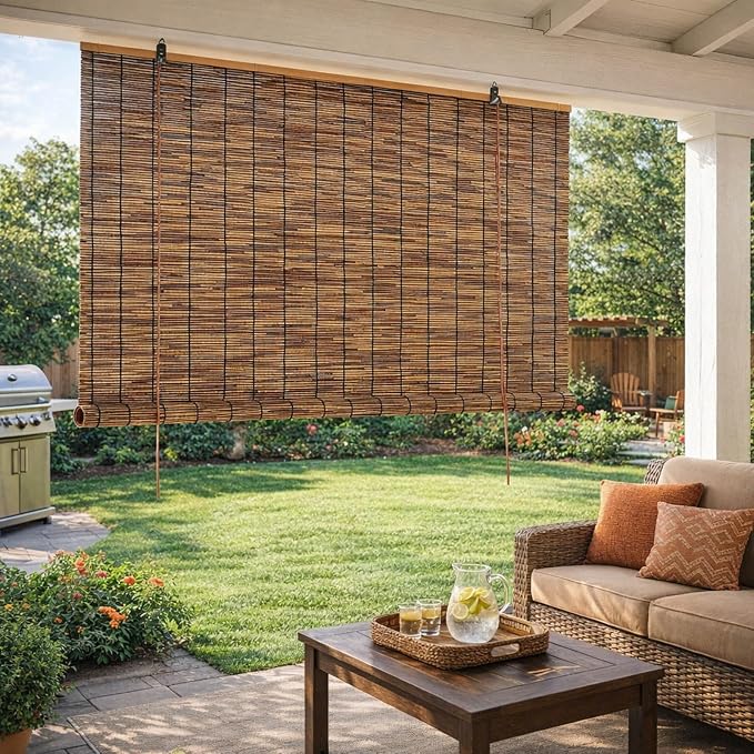Cordless Bamboo Outdoor Blinds for Patio - Waterproof Reed Roller Shades for Porch Deck, Light Filtering Sun Shade Privacy Screen for Gazebo Pergola Windows, Retro Roman Shade(48" W x 70" H)