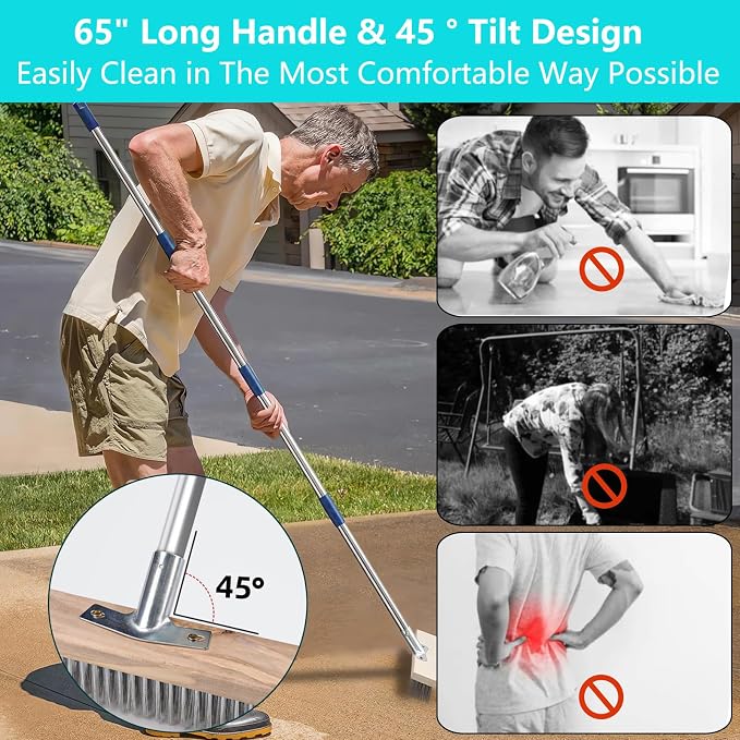 Concrete Scrub Brush - Concrete Brush Wire Broom with 62" Long Handle - Deck Brushes for Scrubbing Heavy Duty Stiff Metal Bristle Floor Scrubber Brushes for Cleaning Moss Grout Garage Patio