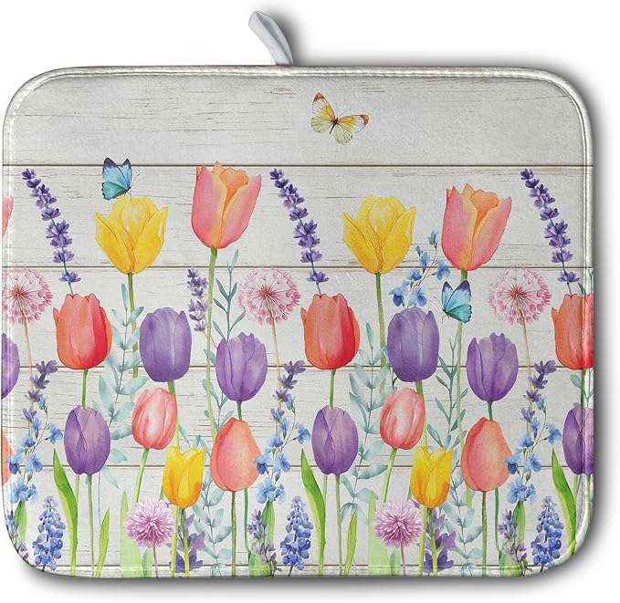 Tulip Floral Dish Drying Mat for Kitchen Counter Watercolor Spring Flower Dish Mat Absorbent Microfiber Dish Draining Mat Reversible Heat Resistant Dishes Pad Large 16 x 18 Inch