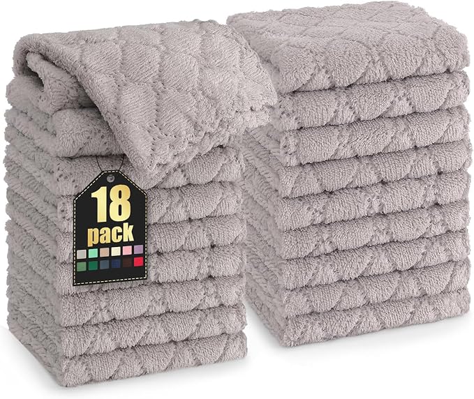 Homaxy 18 Pack Kitchen Dish Cloths (10 x 10 Inches, Grey), Super Soft and Absorbent Coral Velvet Dish Towels, Nonstick Oil Fast Drying Microfiber Cleaning Cloth, No Lint Household Dishcloths