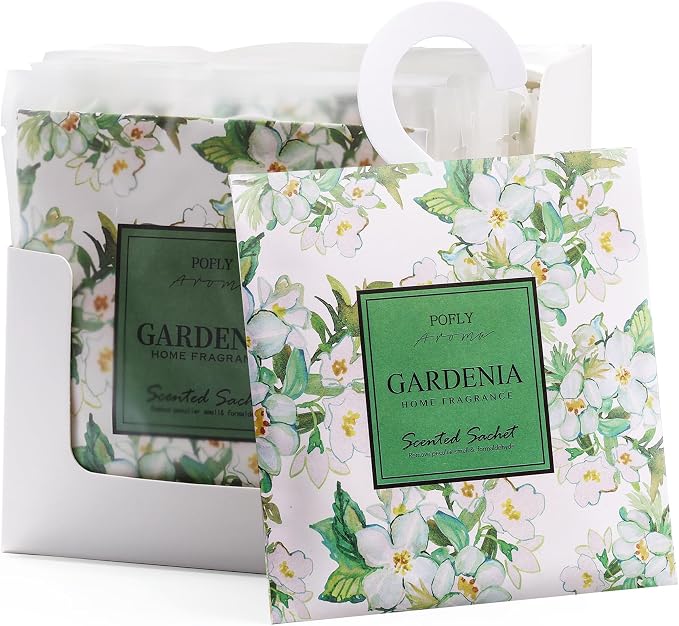 12 Pack Gardenia Scented Sachets, Air Freshener for Small Spaces | Hanging Sachet Bags with Retractable Hook; Closet Deodorizer & Odor Eliminator for Drawers, Shoe Cabinets, Cars & Luggage