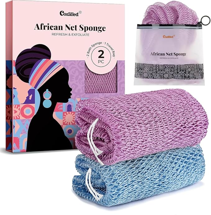 CORATED African Net Sponge with Knots Authentic, Shower Loofah Exfoliating Bath Sponge, Body Scrubber for Women Daily Use Body Care, Travel Portable Bath Accessories for Bathroom
