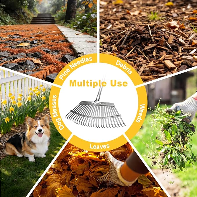 18-Inch Wide Heavy Duty Adjustable Yard Leaf Rake with 62-Inch Long Handle | Large Metal Leaf Rake, Rastrillo para Jardin for Lawn Yard Grass, Flower Beds, Outdoor Use