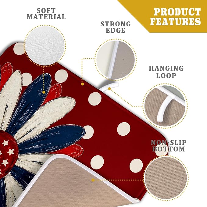 Patriotic Dish Drying Mat 16 x18 In Red and Blue Daisy Microfiber Kitchen Draining Mat for Countertops