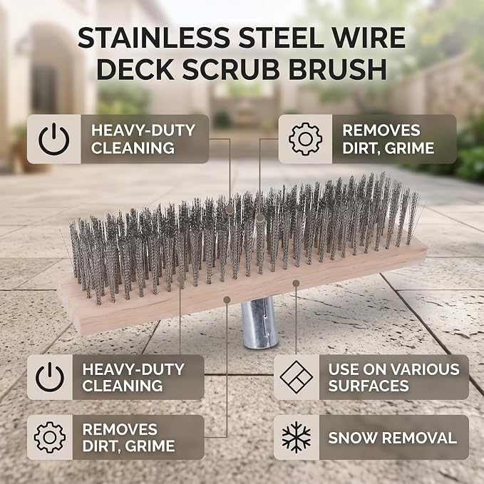 Hyuduo Floor Scrub Brush Heavy Duty Stainless Steel 30CM Rough Surfaces Scrub for Driveway Patio Deck Tile Outdoor Cleaning Brush with Pine Wood Handle