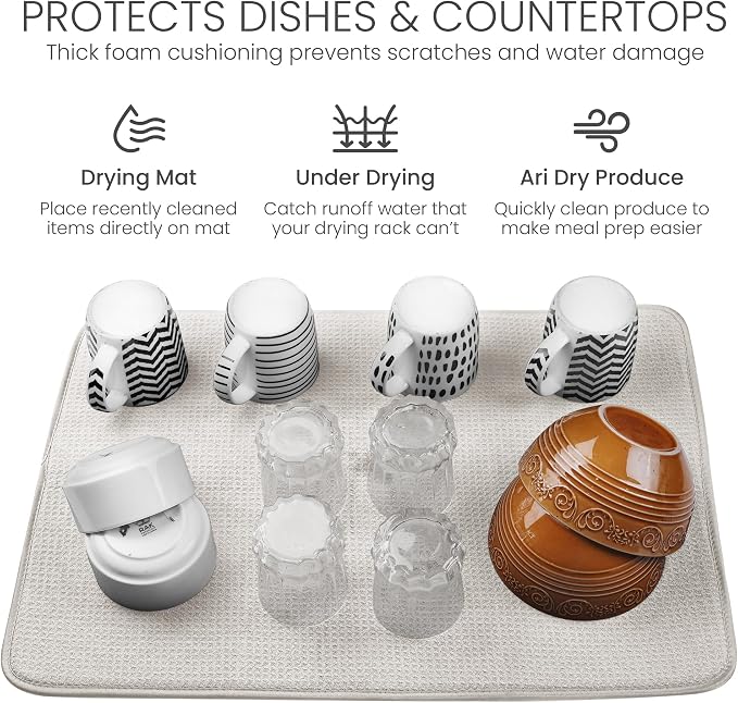Bellemain XL Dish Mat Microfiber Dish Drying Mat, Super absorbent (Light Grey, 17" x 24")