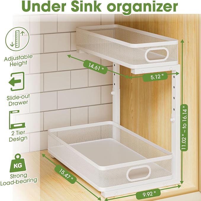 Under Sink Organizer 4-Pack, Metal 2-Tier Pull-Out Cabinet Shelf with Slide-Out Mesh Drawers, Height Adjustable, Space-Saving Storage Racks for Kitchen, Bathroom, Laundry Room, White