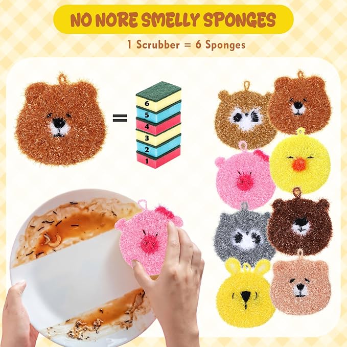 Kenning 16 Pcs Dish Scrubber Non Scratch Dish Washing Scrubbers Reusable Household Cleaning Kitchen Tools for Dishwashing Washing Dishes Cookware Tubs Sinks (Animal)