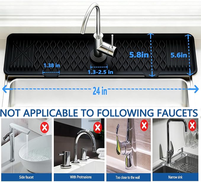 EBIGIC 24 Inch Silicone Faucet Mat for Kitchen Sink, 7° Slope Fast Self-Draining Sink Splash Guard, Kitchen Sink Water Catcher Organizer, Kitchen Sink Accessories (Black, 24''x5.6'')