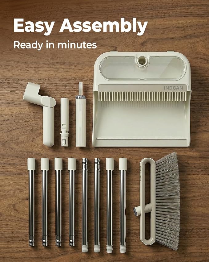 INDCAN Broom and Dustpan Set with 52" Adjustable Long Handle, Upright Standing Dustpan with Comb Teeth, Foldable Dustpan, Angled Broom Head for Corners, Indoor Floor Sweeping Set (Santra Lite)