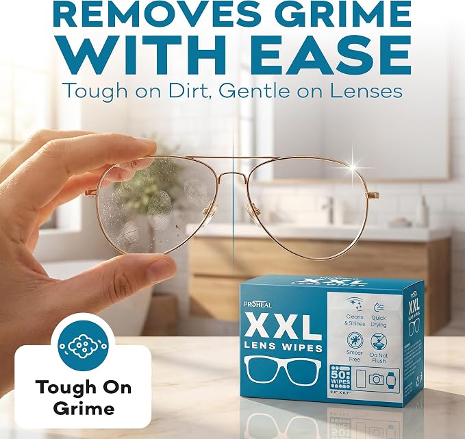 XXL Lens Wipes, 50 Count - 9.8"x6.7" Eye Glasses Cleaner Wipes for Lenses, Watches, Display Screens, and More - Cleans and Shines - Quick Drying, No Smear with Isopropyl Alcohol