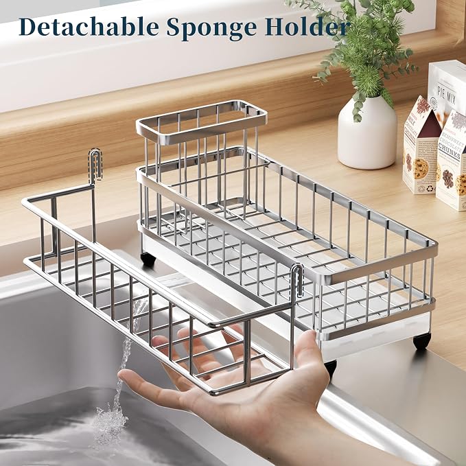 Consumest Sponge Holder for Kitchen Sink - Auto Draining Sink Caddy Organizer with Detachable Rack, High Brush Holder, Kitchen Countertop Storage Accessories, Silver-Large