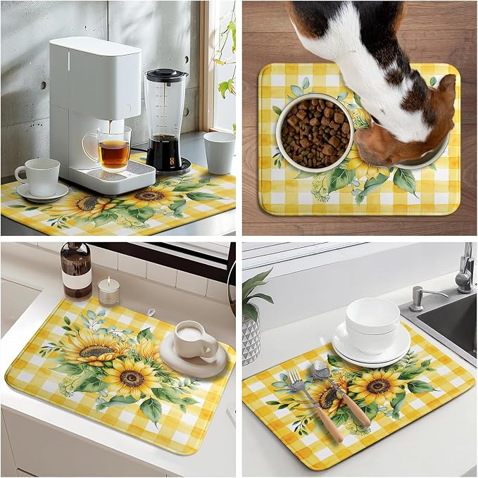 Sunflower Dish Drying Mat 18x24 Inch Absorbent Reversible Summer Sunflower Drying Mat Summer Plaid Dish Drying Rack Mat Yellow Summer Themed Dish Drainer Mat for Kitchen Counter Coffee Bar