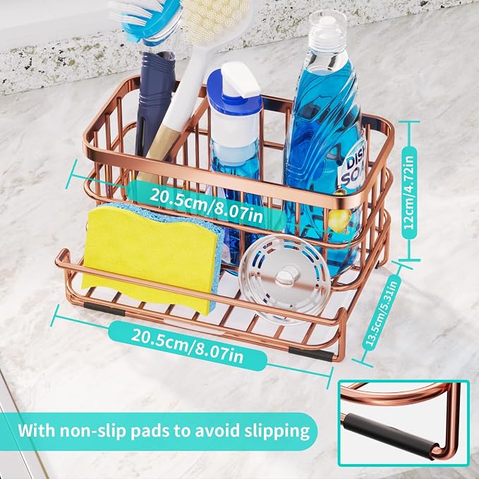 HapiRm Multifunctional Kitchen Sink Organizer, Large Sink Caddy with Drain Tray, SUS304 Stainless Steel Rustproof Sponge Holder for Kitchen Countertop - Rose Gold