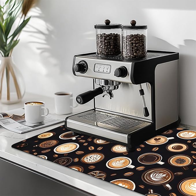 Dish Drying Mat Large Coffee Mat Absorbent Drying Mat for Kitchen Counter Coffee Bar Accessories 32"x 17", Latte Cups