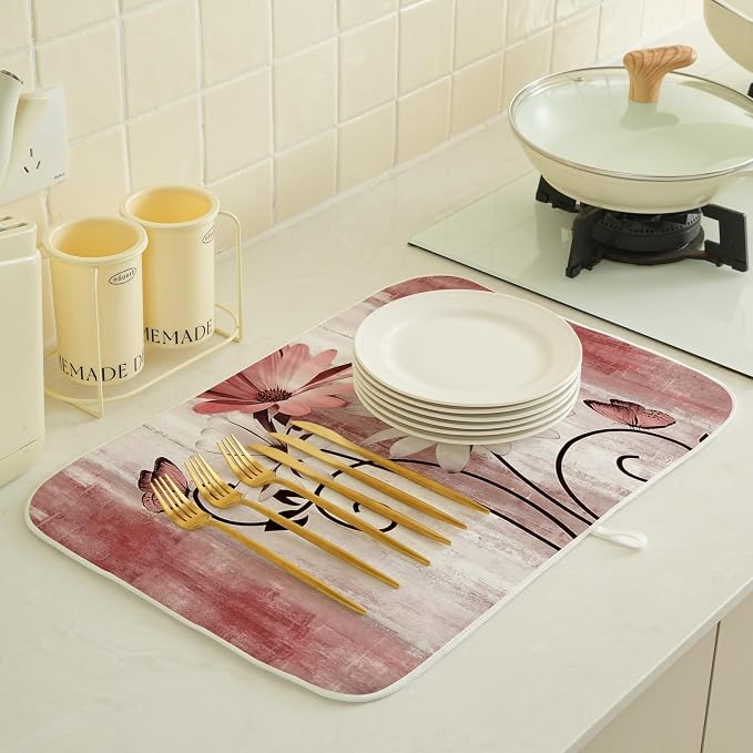 Floral Dish Drying Mat 18x24 Inches For Kitchen Counter Pink Daisy Flower Kitchen Decoration Drying Mat Modern Decorative Drying Pad For Home Kitchen Decor,Dining Room,Office Decoration
