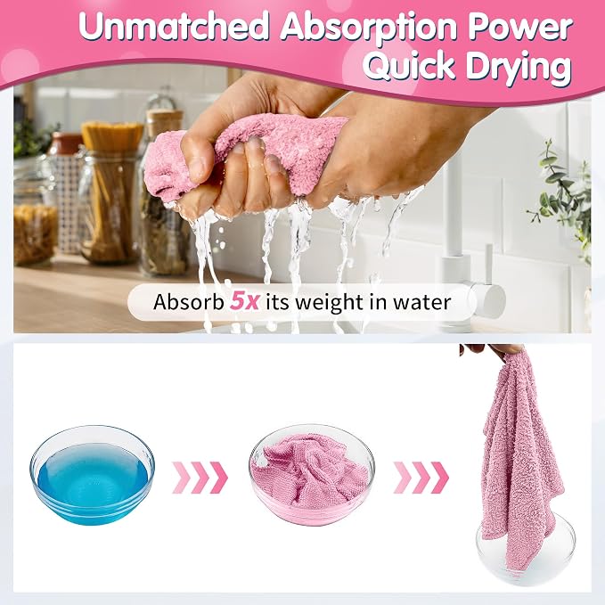 FIXSMITH Pink Microfiber Cleaning Cloth -Pack of 12, Highly Absorbent Cleaning Rags, 16"X12" All Purpose Cleaning Towels for Housekeeping, Kitchen, Car, Lint Free and Reusable Microfiber Towels