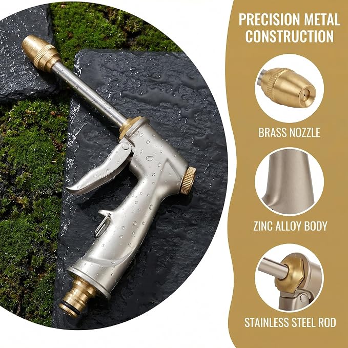 Garden hose nozzle spray, heavy metal high-pressure water gun, rotating can obtain different types of spray, watering plants and lawn, car washing, yard and pets (Long nozzle set)