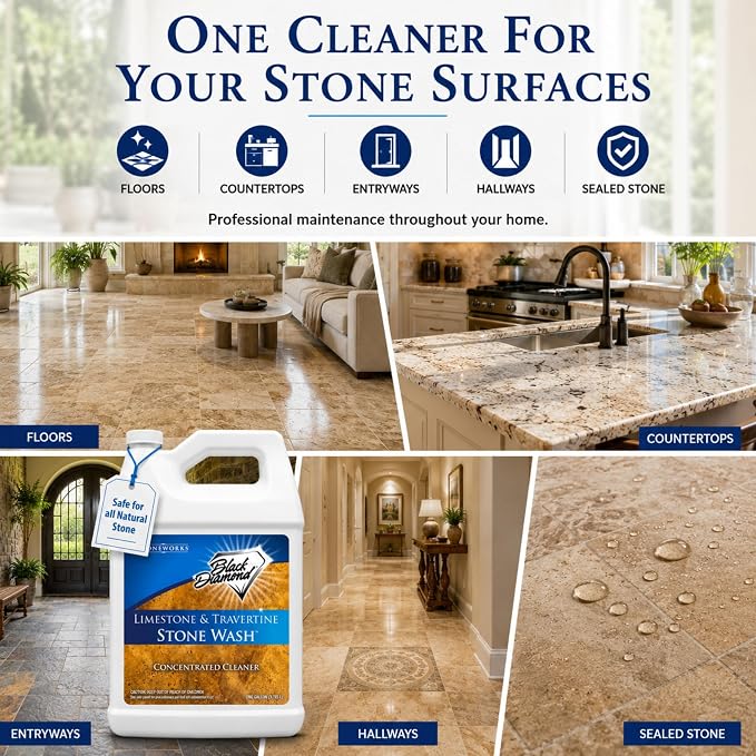 Black Diamond Stoneworks Limestone & Travertine Stone Wash Concentrate – pH Neutral Cleaner for All Sealed & Unsealed Natural Stone Floors Including Marble, Slate, Granite & More (1 Gallon)