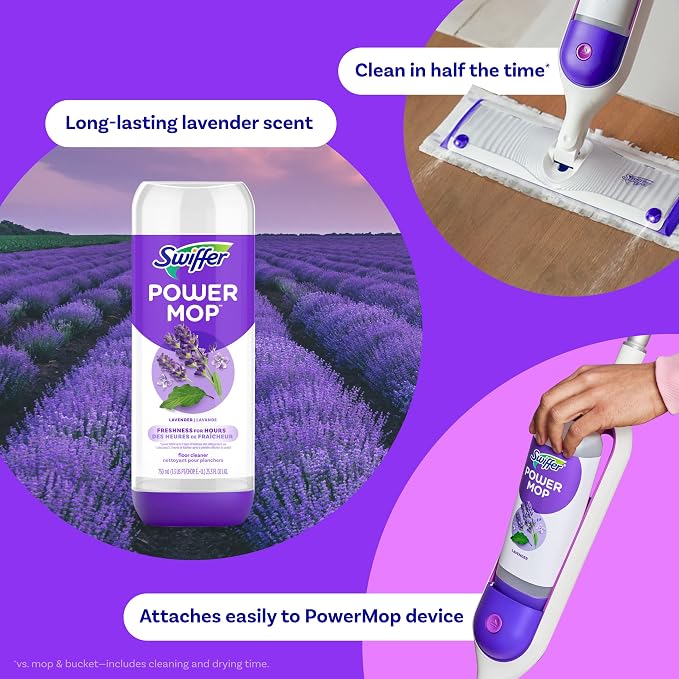 Swiffer Power Mop Refill Pack, Floor Cleaner for Mopping Tile, Vinyl, Laminate, Wood in Home, Bathroom, Kitchen, All Purpose Multi-Surface Cleaning, 5 Pads + 1 Lavender Solution, Pack of 4