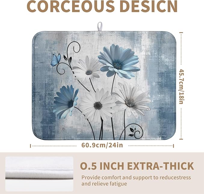 Dish Drying Mat for Kitchen Counter 18x24 Inch Blue Grey Daisy Drying Pads Rustic Vintage Floral Dish Dry Mat Microfiber Absorbent Farmhouse Dish Drainer Mat Flowers Dish Drainer Rack Mat