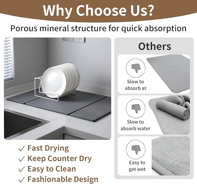 Foldable Stone Dish Drying Mat for Kitchen Counter, Diatomaceous Earth Drying Mat with Non-Slip Backing, Heat Resistant Multifunctional Mat for Kitchen & Bathroom, Instant water absorption-(24"×16")