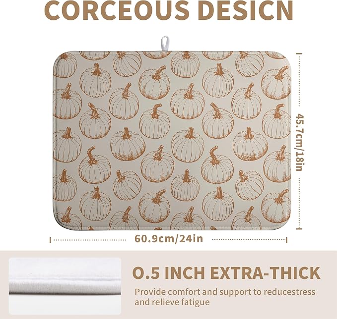 Fall Pumpkin Dish Drying Mat for Kitchen Counter Burnt Orange Autumn Thanksgiving Dish Mat Absorbent Microfiber Kitchen Countertop Protector Dishes Drying Pad Large Drying Mats 18x24 Inch