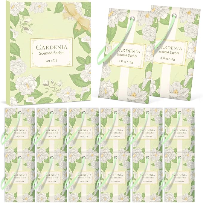 SCENTORINI Scented Sachets for Drawer and Closet, Gardenia Scent 14 Pack | Long-Lasting Sachets Bags Gift Set, Closet Freshener Sachets for Wardrobe Freshener, Cupboard, Suitcases, Handbags