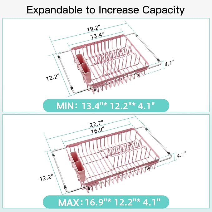 JASIWAY Expandable Stainless Steel Pink Dish Drying Rack Over The Sink for Small Kitchen, Counter Space Saving Compact Plate Drainer Strainer, Adjustable Hanging Metal Dish Dryer with Utensil Holder