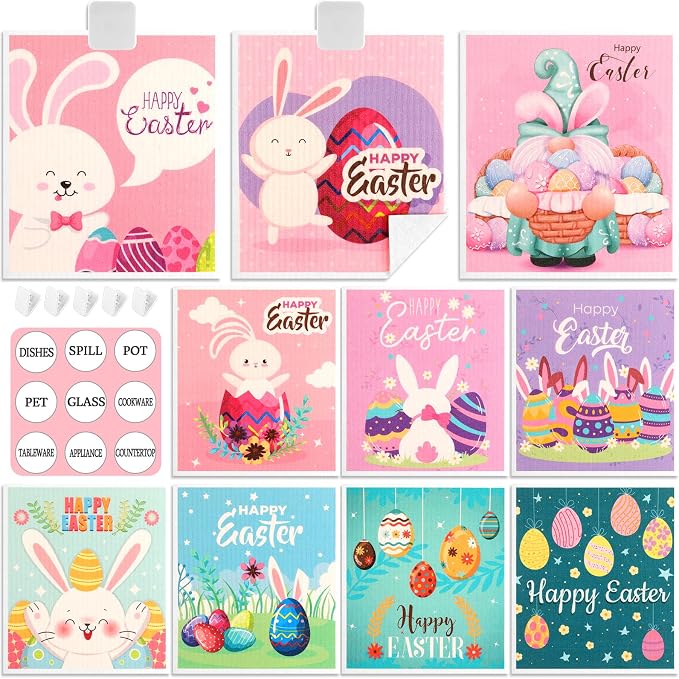Easter Swedish Dishcloth Set of 10, Super Absorbent Swedish Kitchen Dish Cloths Reusable Paper Towels Cleaning Rags for Dishes Quick Drying, Easter Cute Bunny Rabbit Egg Prints Decorative Wipes