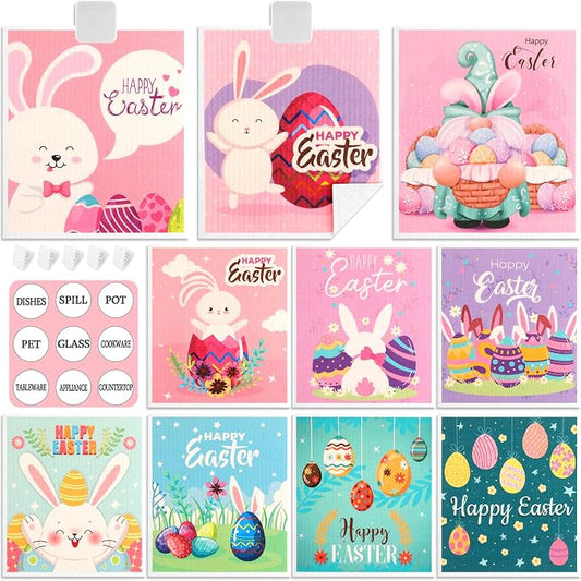 Easter Swedish Dishcloth Set of 10, Super Absorbent Swedish Kitchen Dish Cloths Reusable Paper Towels Cleaning Rags for Dishes Quick Drying, Easter Cute Bunny Rabbit Egg Prints Decorative Wipes