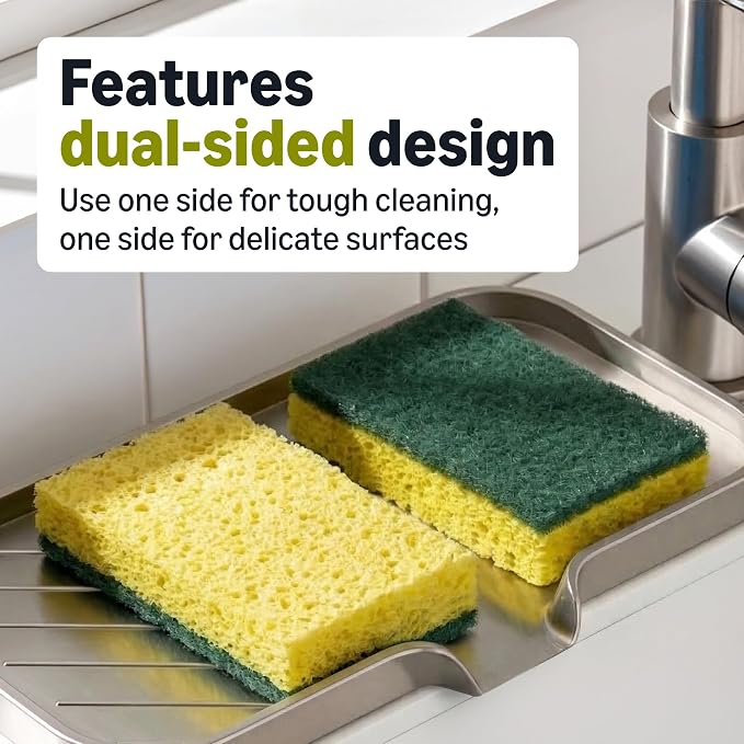 Amazon Basics Heavy Duty Dual-Sided Scrub Sponges, Reusable, 4.4 x 2.7 x 0.8 in, Yellow/Green, 6-Pack