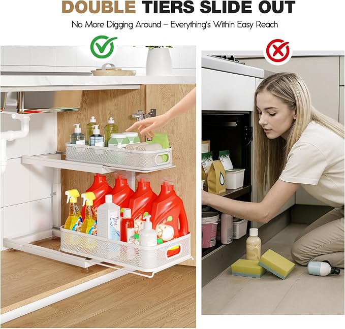 2-Pack Under Sink Storage Organizer with 2-Tier Slide Out Drawer, Sophisticated Mesh Pull Out Shelf for Kitchen & Bathroom, Fits Small Items, Upgraded Arched Track for Smooth Gliding(Patented)