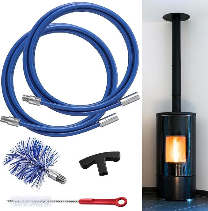 Dreyoo Pellet Stove Cleaning Brush Kit, 20 FT Flexible Steel Rod with 3" Brush Head, T Handle, Multi Purpose Flue Detail Cleaner, Nylon Stove Flue Pipe Kit for Pellet Furnace Exhaust Pipes