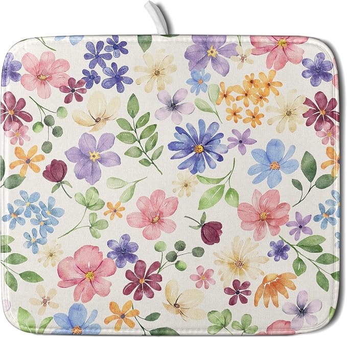 Spring Floral Dish Drying Mat for Kitchen Counter 16x18 Easter Green Pink Purple Blue Cute Flower Print Absorbent Reversible Microfiber Drying Mats Kitchen Countertop Protector Dishes Drainer Pad