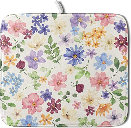 Spring Floral Dish Drying Mat for Kitchen Counter 16x18 Easter Green Pink Purple Blue Cute Flower Print Absorbent Reversible Microfiber Drying Mats Kitchen Countertop Protector Dishes Drainer Pad