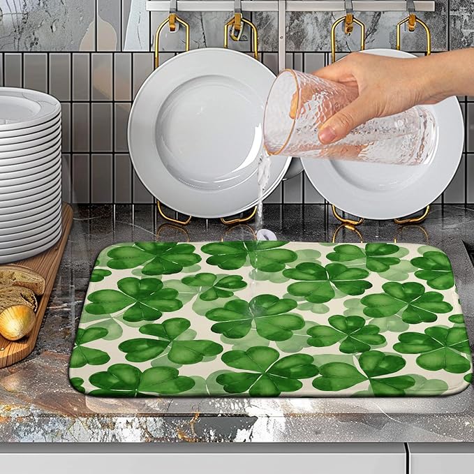 Green Clover Shamrock Dish Drying Mats for Kitchen Counter 16x18 In Happy St. Patrick's Day Lucky Clovers Dish Drainer Mats Spring Sage Leaf Microfiber Drying Pad Dish Dryer Mat for Coffee Bar