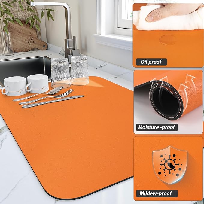 HotLive Dish Drying Mat for Kitchen Counter, Heat Resistant Drainer Mats with Non-slip Rubber Backed, Hide Stain Kitchen Super Absorbent Draining Mat, Easy to Clean Dish Rack Pad, Orange 18"x32"