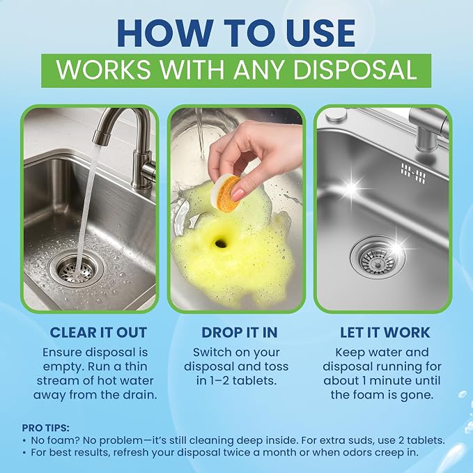 Garbage Disposal Cleaner Deodorizer Tablets – 48 Pack XL Foaming Citrus Cleaning Tablet - Sink Drain Disposer Garburator Freshener Odor Eliminator Grease Remover Septic Safe - 2 Year Supply