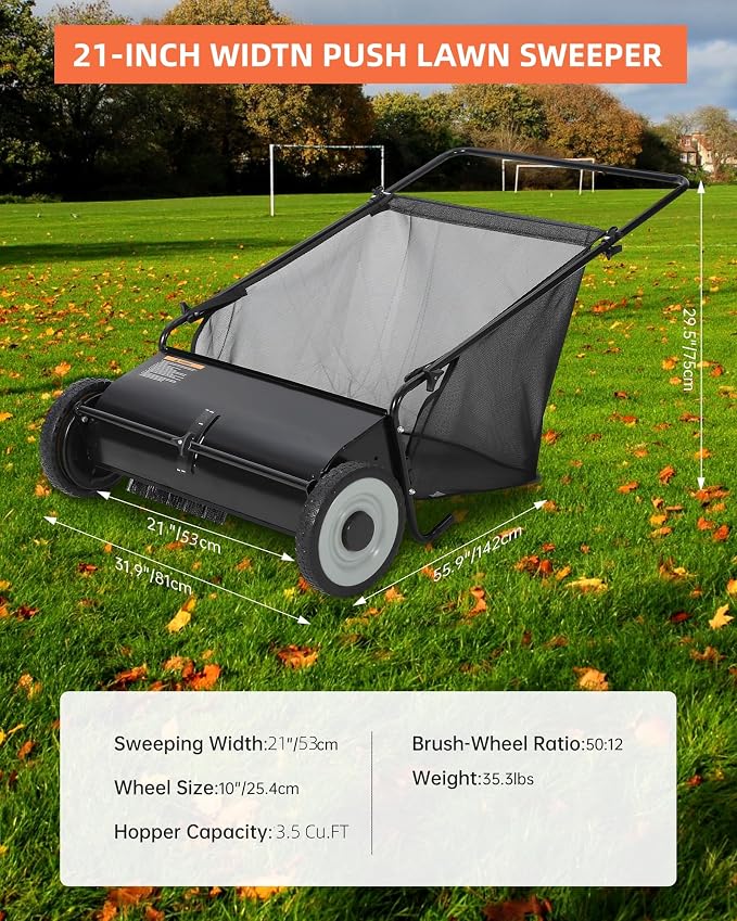 Garvee 21 Inch Push Lawn Sweeper, 3.5 Cu. Ft. Hopper Capacity Grass Sweeper, Manual Push Yard Sweeper with Height Adjustment & 4 Fast Spinning Brushes for Grass Clippings, Leaves & Debris, Black | Manual Push Yard Sweeper with Height Adjustment & 4 Fas...