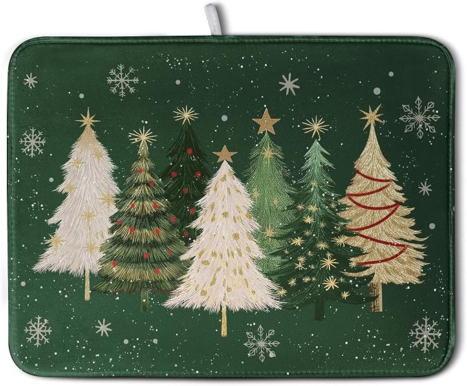 Green Christmas Tree Snowflakes Dish Drying Mat for Kitchen Counter 18x24 Inch Winter Xmas Holiday Dish Rack Mat Absorbent Microfiber Dish Draining Mat Reversible Drainer Pad