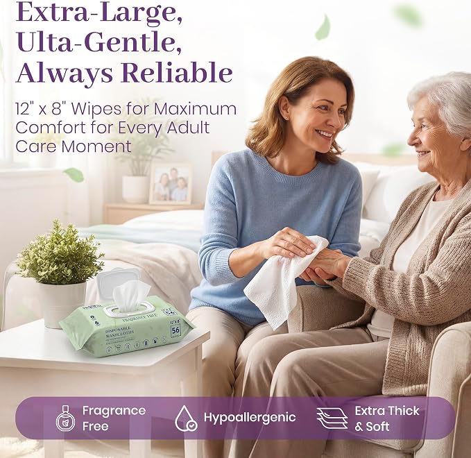 X Large Wet Wipes for Adults - Case of 10 Packs of 56 [560 Count] Disposable Incontinence Wipes, 12" x 8" Body Wipes for Elderly – Bonus 50 Individually Wrapped Travel Wet Wipes
