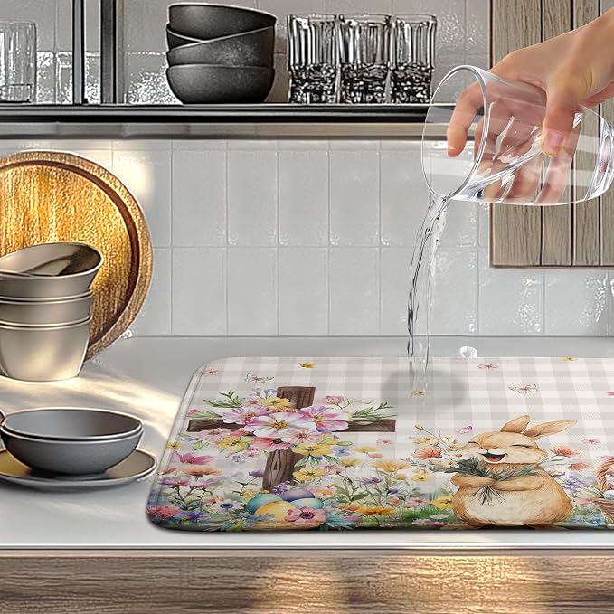 Easter Bunny Dish Drying Mats Spring Floral Dish Mat Easter Cross Eggs Drying Matt Dishes Dryer Pad for Kitchen Counter Absorbent Microfiber Washable Foldable Reusable 18x24 in